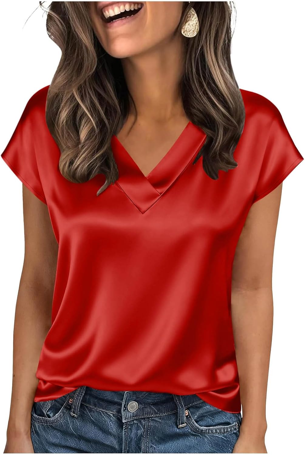 Women's Satin V-Neck Short Sleeve Shirts, Solid Color Basic Lightweight Loose Tunic Tops Office Casual Blouse