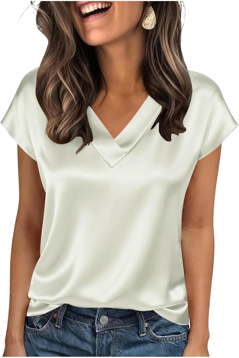 Women's Satin V-Neck Short Sleeve Shirts, Solid Color Basic Lightweight Loose Tunic Tops Office Casual Blouse