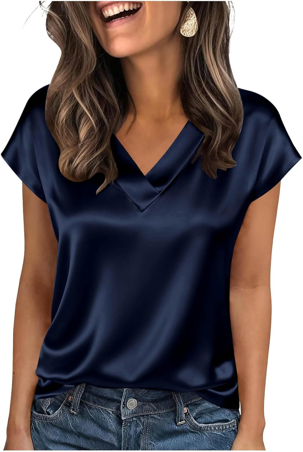Women's Satin V-Neck Short Sleeve Shirts, Solid Color Basic Lightweight Loose Tunic Tops Office Casual Blouse