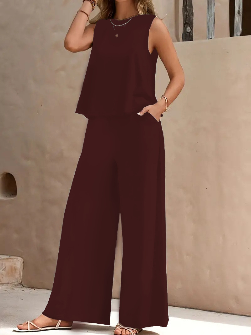 Women'S Solid Color Elegant Two-Piece Round Neck Vest And Wide Leg Pants Set