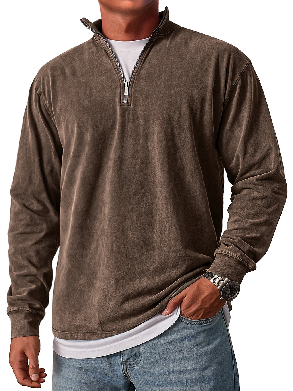 Men's Retro Stand Collar Zipper Casual Loose Solid Color Long Sleeve T-shirt