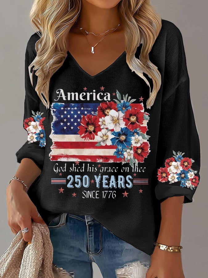 Women's 250th Anniversary National Flag Floral Print Waffle Long Sleeve T-Shirt