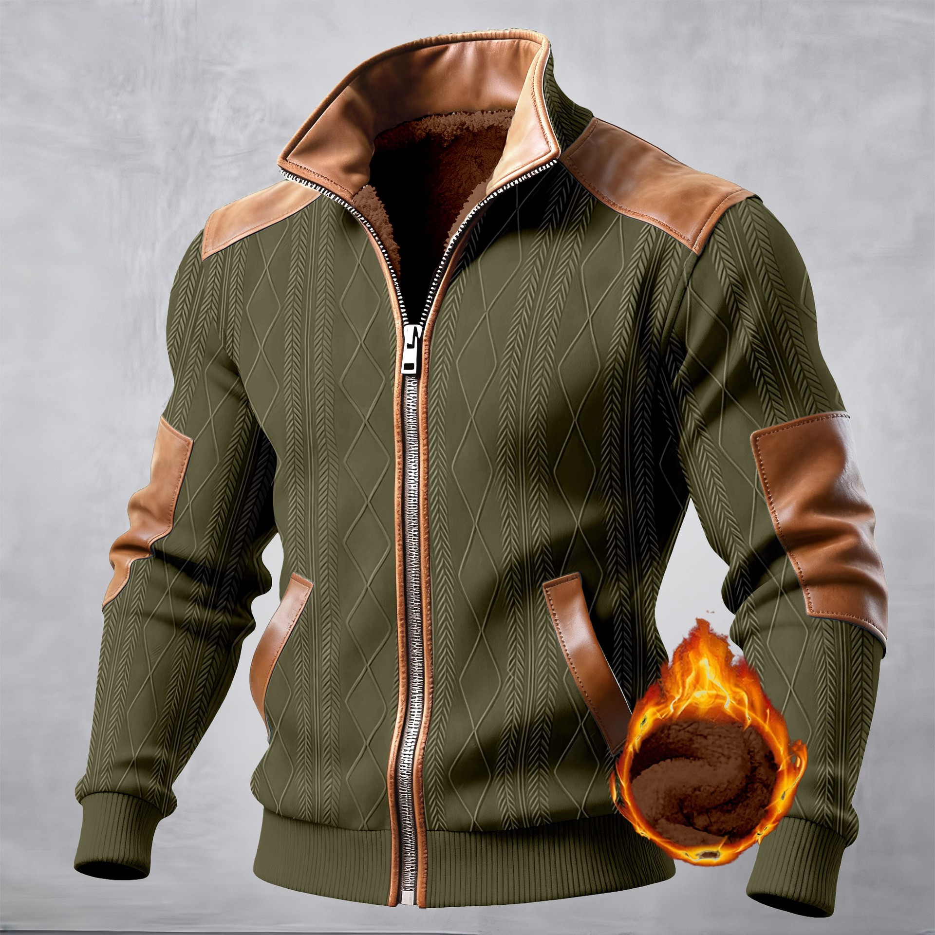 Men'S Color-Blocked Textured Velvet Zipper Casual Jacket