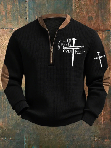 ✝️Men's Cross It's Not A Religion Jesus It's A Relationship Print Zipper Neck Casual Textured Fabric Sweatshirt