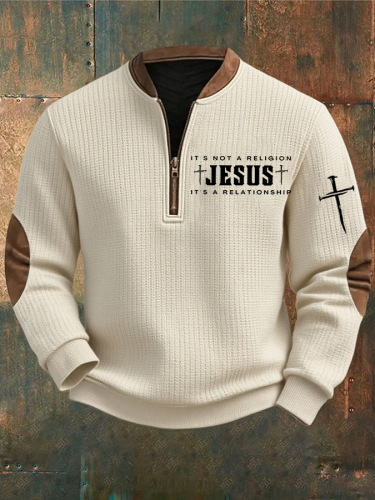 ✝️Men's Cross It's Not A Religion Jesus It's A Relationship Print Zipper Neck Casual Textured Fabric Sweatshirt