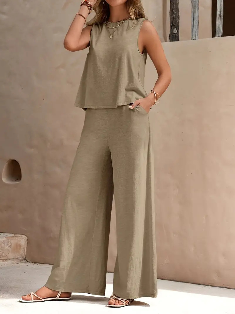 Women'S Solid Color Elegant Two-Piece Round Neck Vest And Wide Leg Pants Set