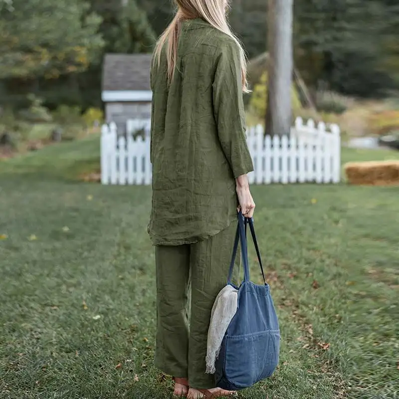 Women'S Loose Lapel Long Sleeve Shirt Wide Leg Pants Elegant Casual Retro Suit