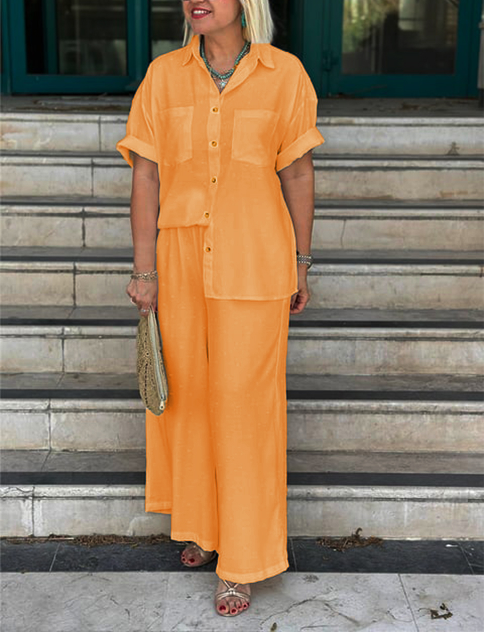 NEW🔥Women's Cream Embossed Pattern Shirt Wide Leg Suit