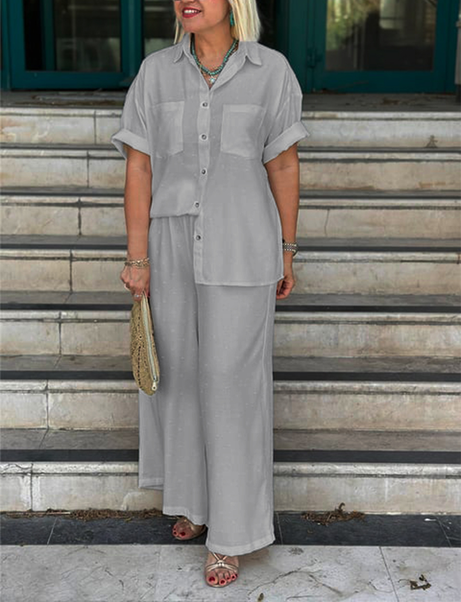 NEW🔥Women's Cream Embossed Pattern Shirt Wide Leg Suit