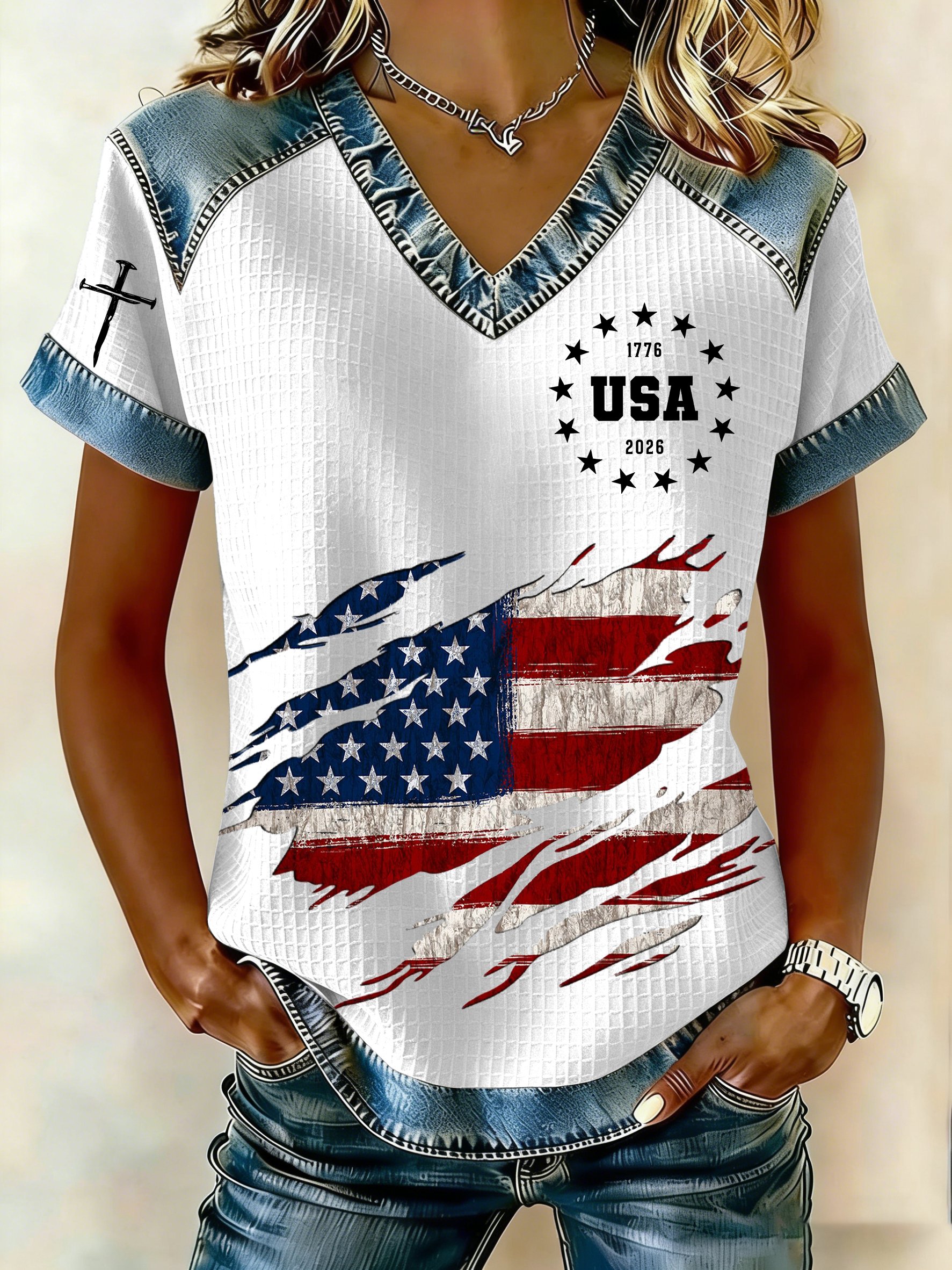 Women's 250th America Anniversary Casual Printed Waffle Knit Short-Sleeved T-Shirt
