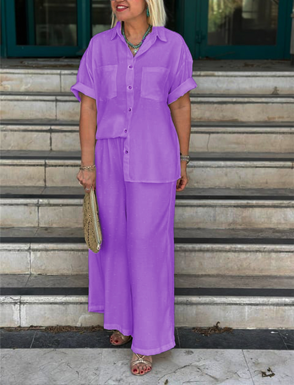 NEW🔥Women's Cream Embossed Pattern Shirt Wide Leg Suit