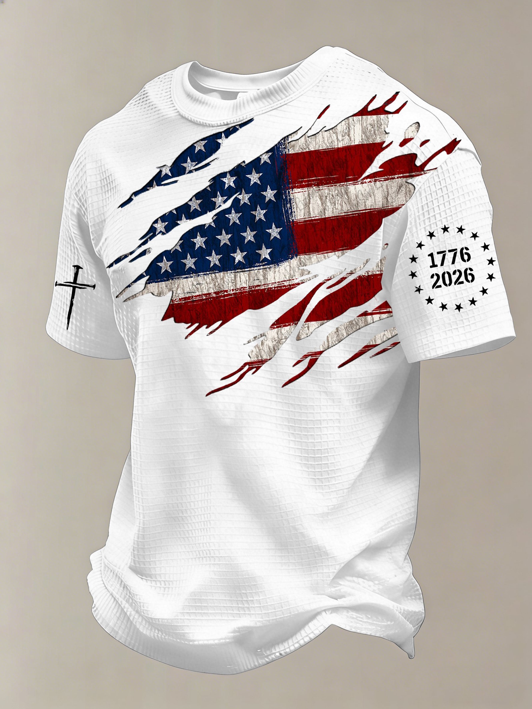 Men'S 250th Anniversary National Flag Print Waffle-Knit Fabric T-Shirt