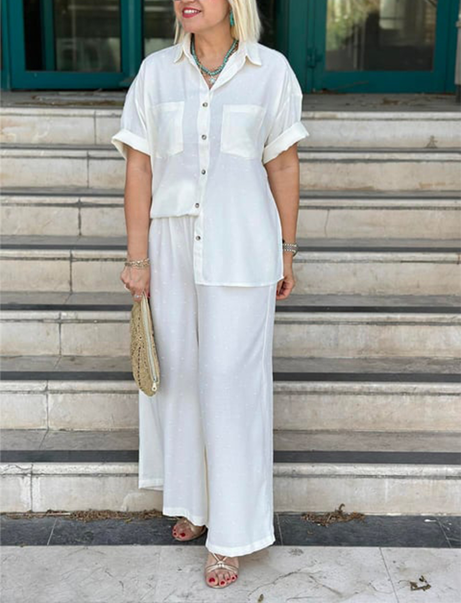 NEW🔥Women's Cream Embossed Pattern Shirt Wide Leg Suit