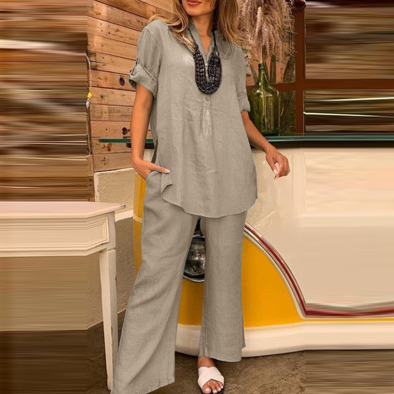 Women'S Solid Color Short-Sleeved V-Neck Top And Cotton And Linen Straight Wide-Leg Pants Two-Piece Set