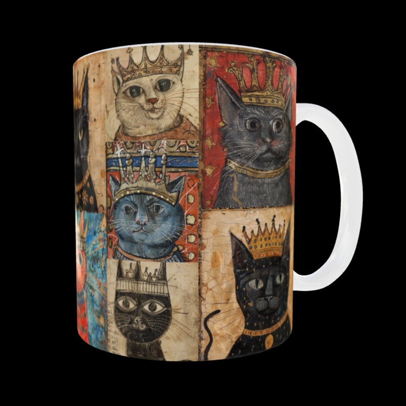 Medieval Crowned Cat Mug: Illuminated Manuscript Style, Cat Gift