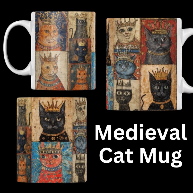 Medieval Crowned Cat Mug: Illuminated Manuscript Style, Cat Gift