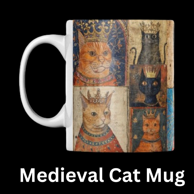 Medieval Crowned Cat Mug: Illuminated Manuscript Style, Cat Gift