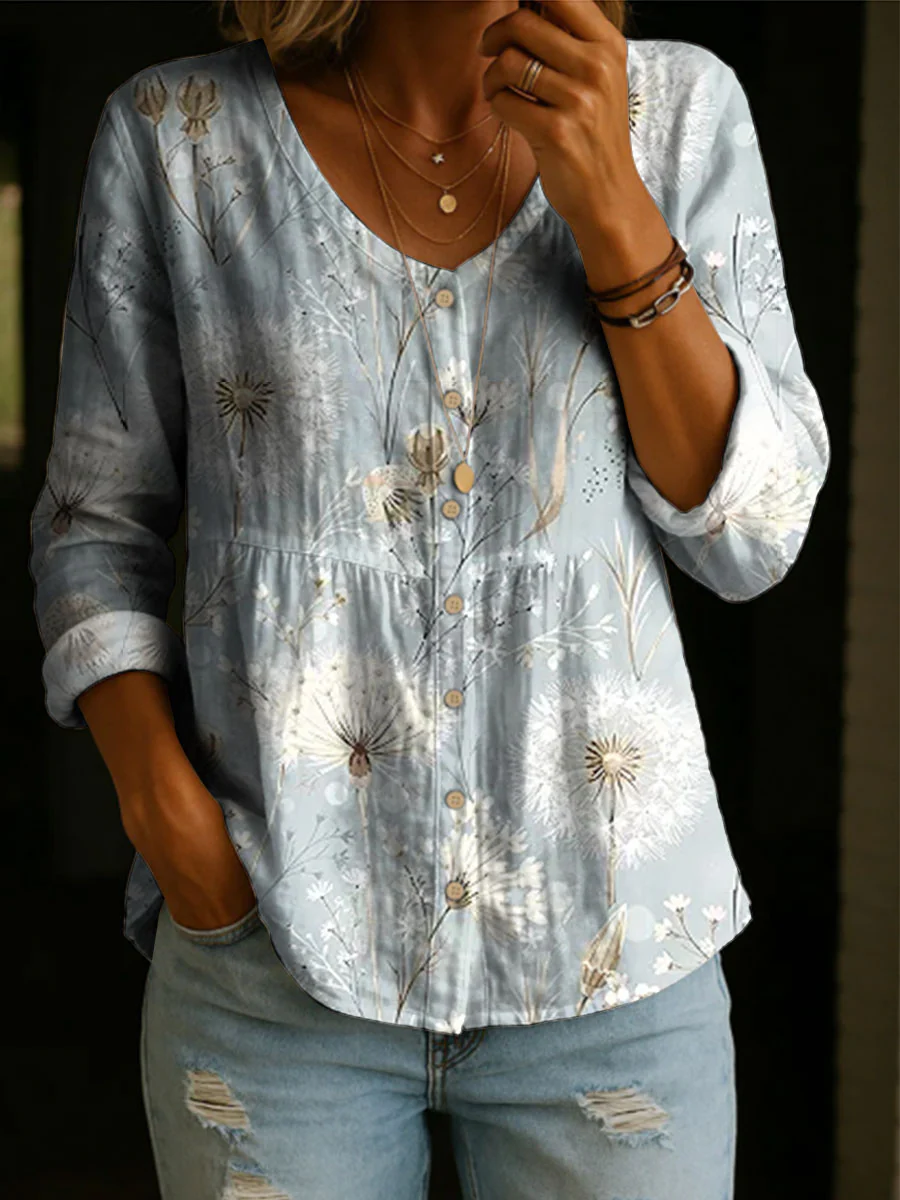 Women's Floral Pattern Art Print Casual Cotton Shirt