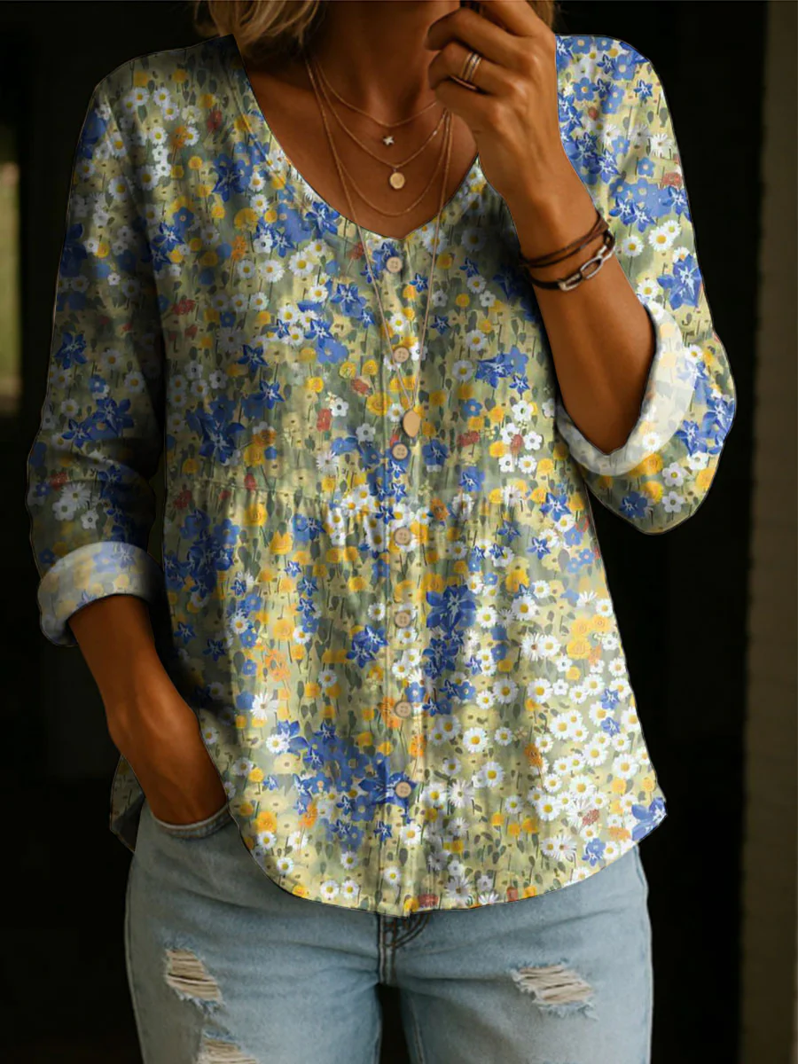 Women's Floral Pattern Art Print Casual Cotton Shirt