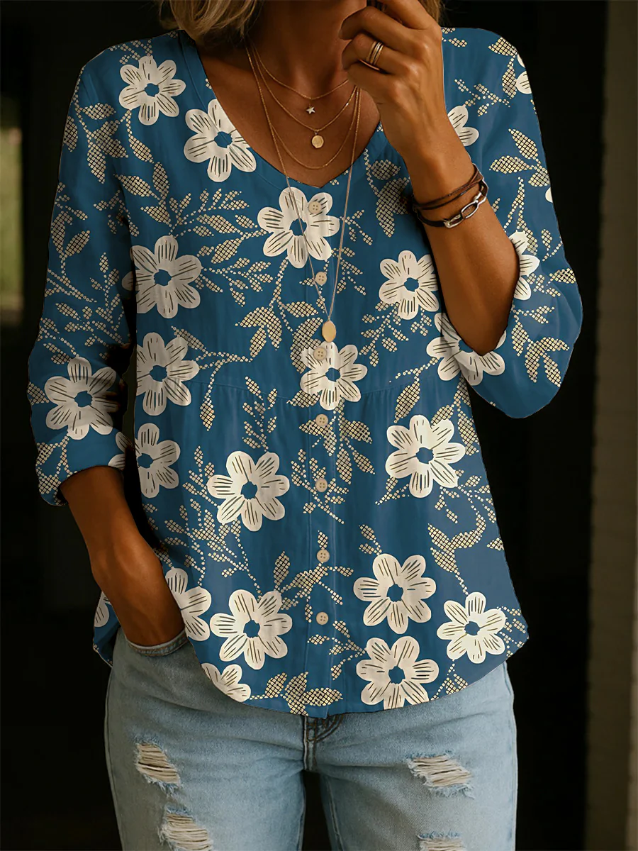 Women's Floral Pattern Art Print Casual Cotton Shirt