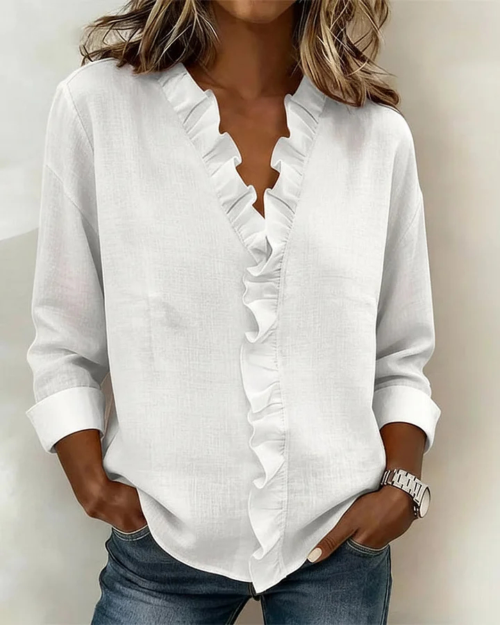 Blouse with Ruffles, V-Neck and Long Sleeves