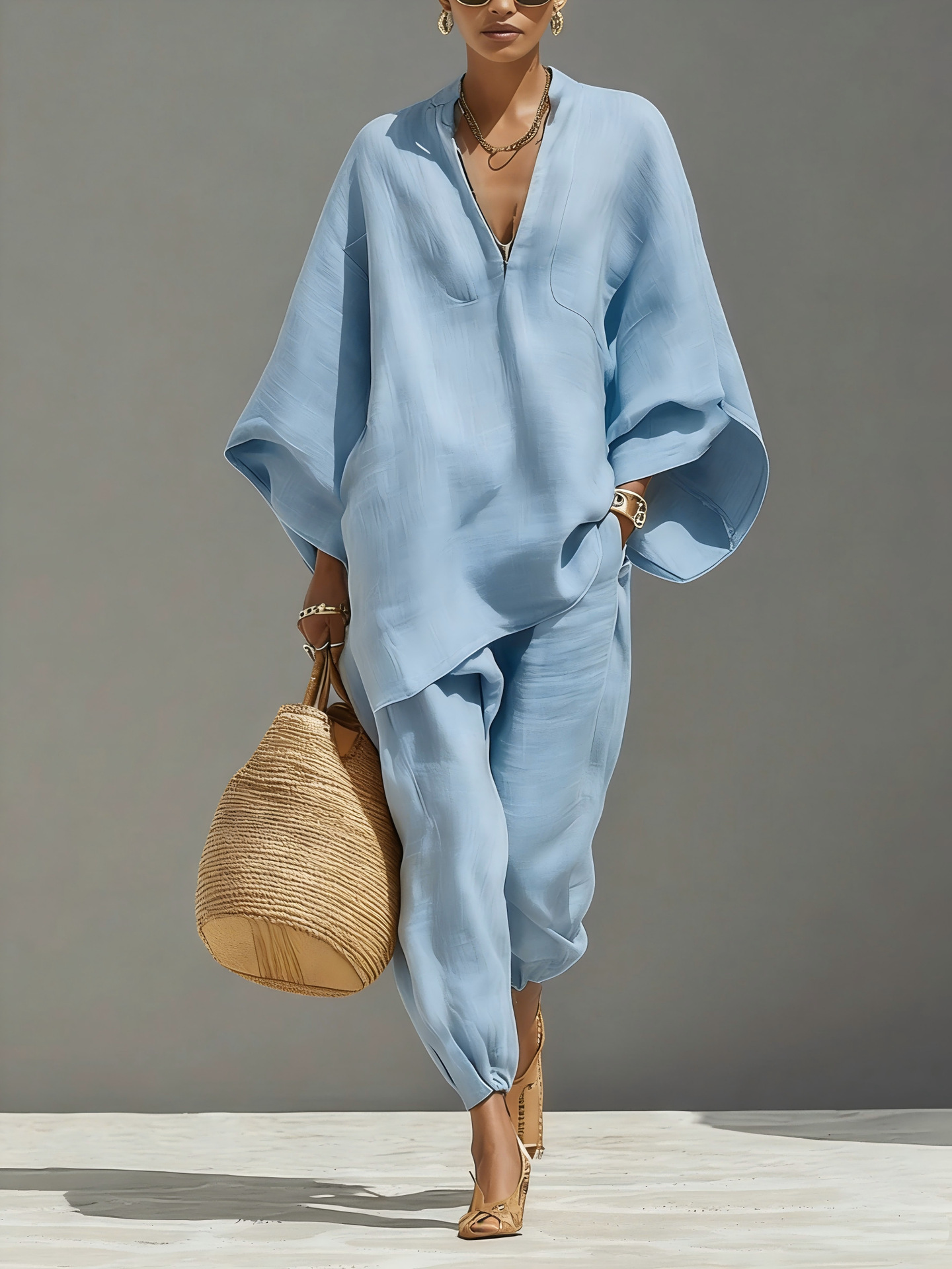 Light Khaki Minimalist Asymmetrical Hem Top And Jogger Pants Suit