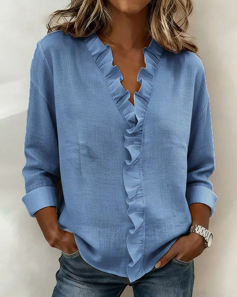 Blouse with Ruffles, V-Neck and Long Sleeves