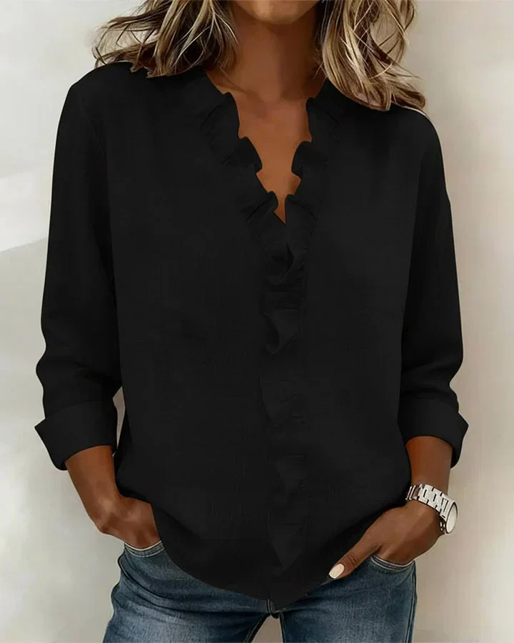 Blouse with Ruffles, V-Neck and Long Sleeves