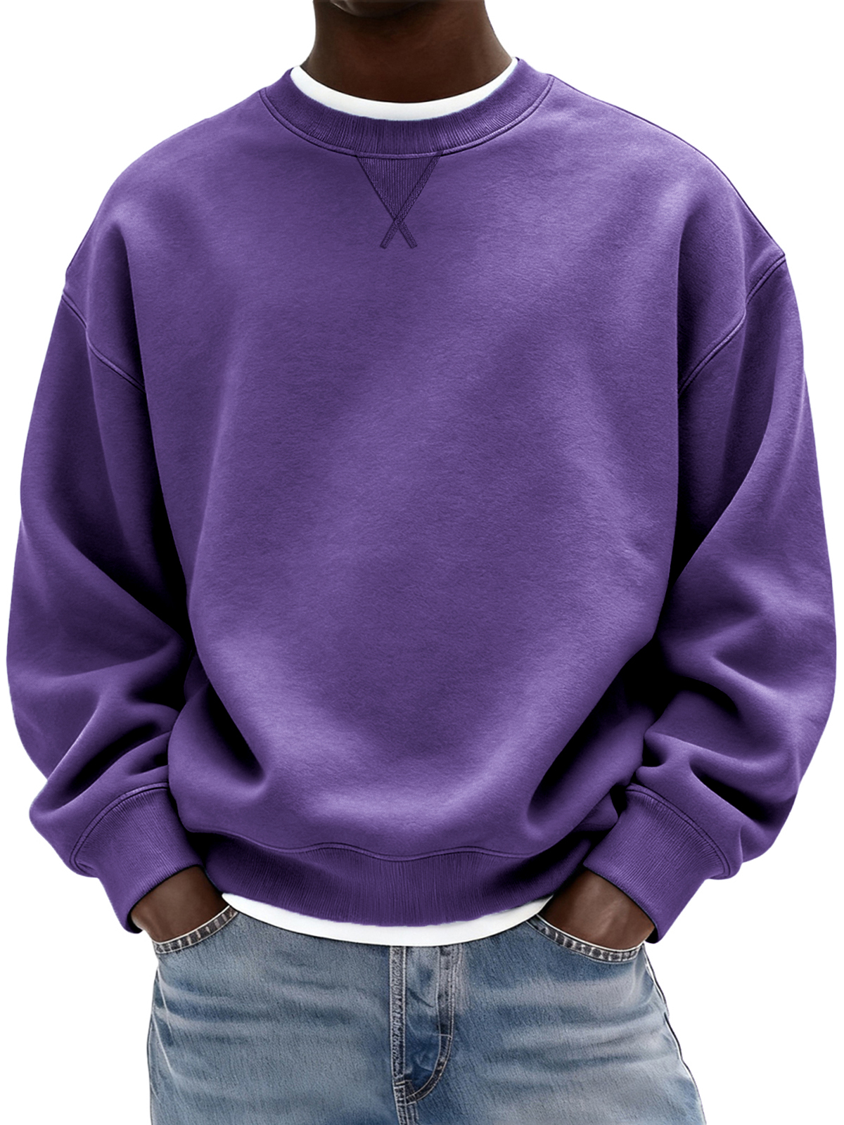 Men's Heavyweight Cotton X-stitch Crew-neck Basic Pullover Sweatshirt