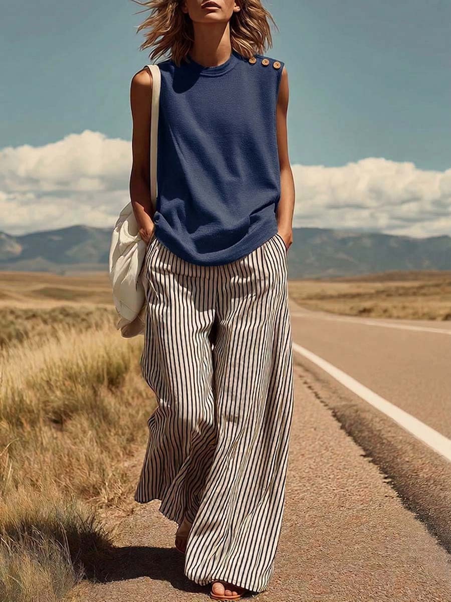 Women's Solid-color Round-neck Sleeveless Loose-fit Cotton Top & High-waisted Striped Wide-leg Cotton Pants Set
