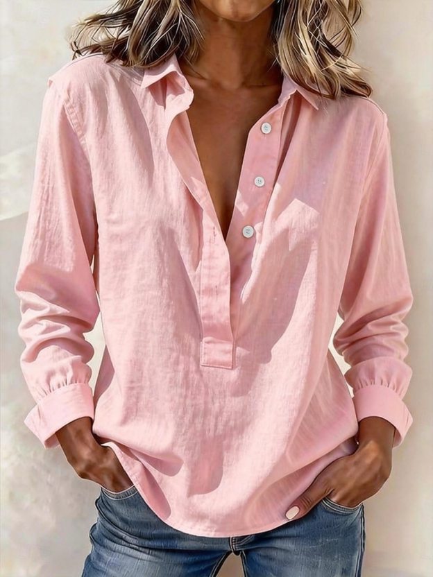 Women's Solid Color Lapel Casual Long Sleeve Cotton Linen Shirt