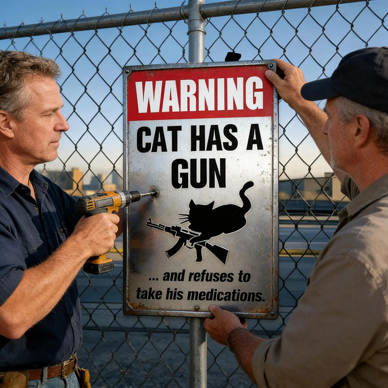 Funny "Cat & Dog Has a Gun & Won't Take Meds" Aluminum Sign