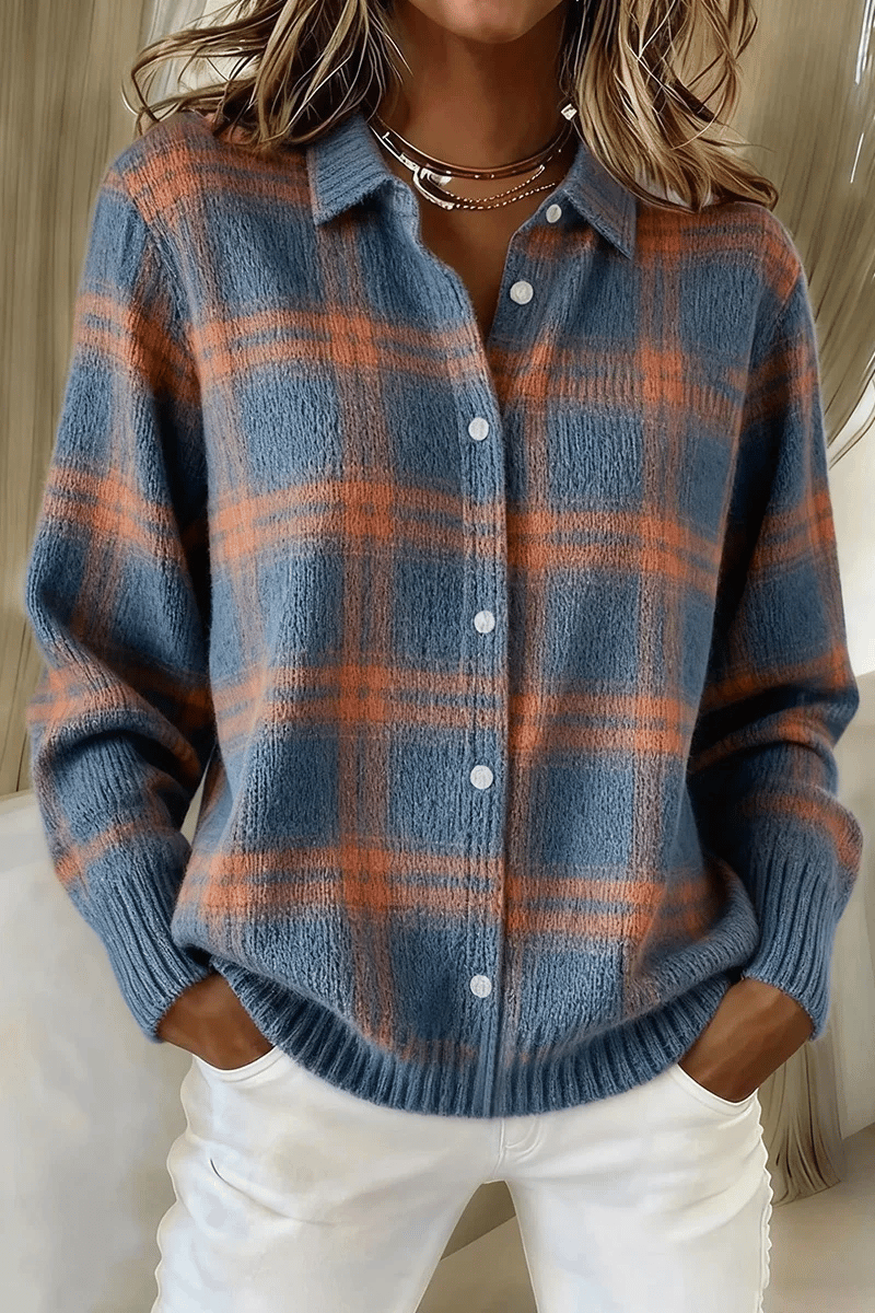 CLEARANCE SALE Women's Plaid Print Casual Cotton Buttoned Cardigan Sweater