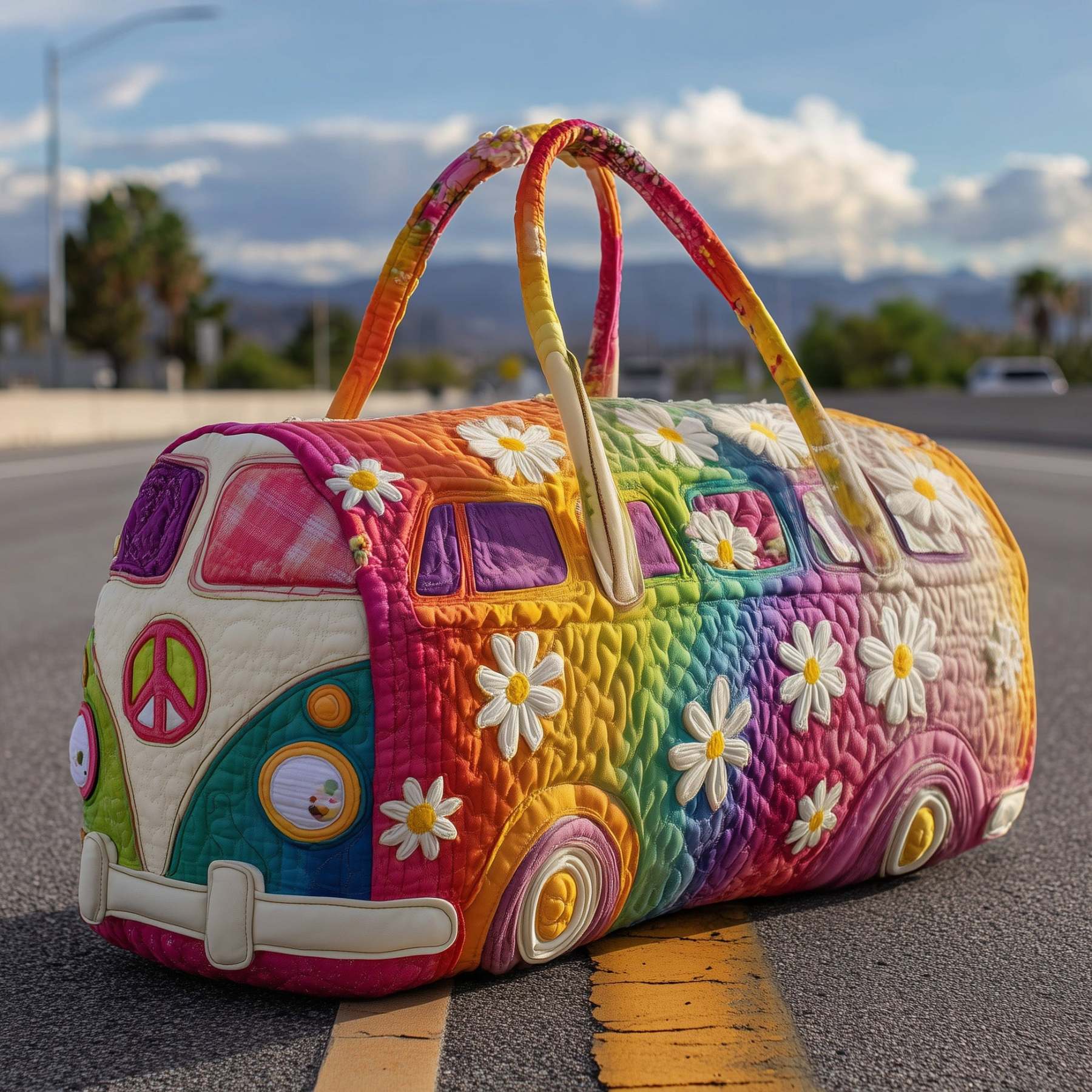 Hippie Van Quilted Duffle Bag — Retro Style for Everyday Travel