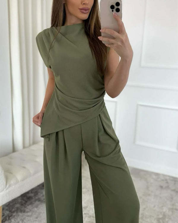 Clidress Irregular Top & Wide Leg Pants Set(10 Colors)