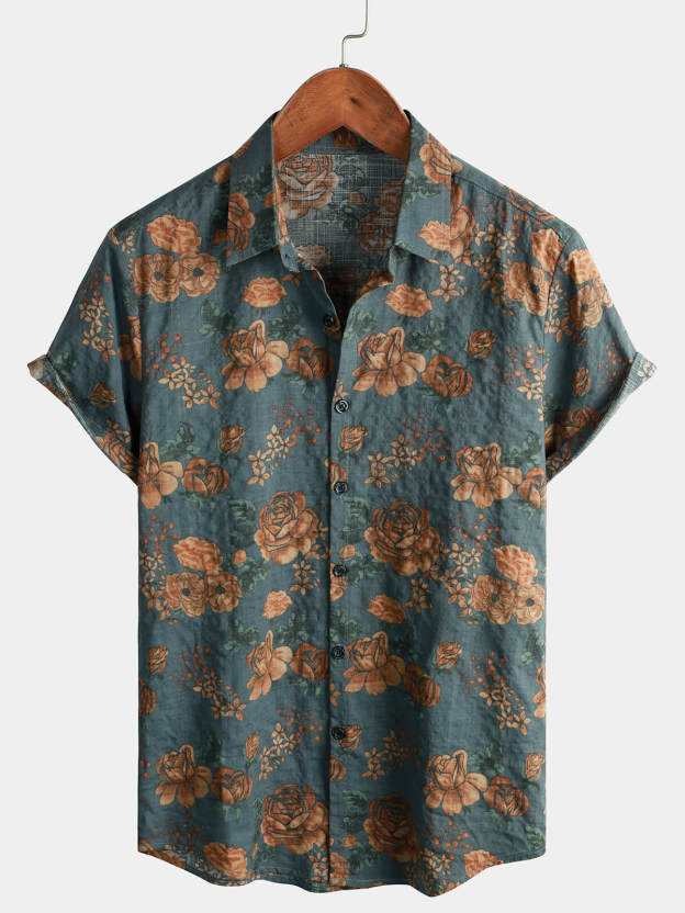 Men's Vintage Floral Retro Button Up Blue Summer Holiday Short Sleeve Shirt
