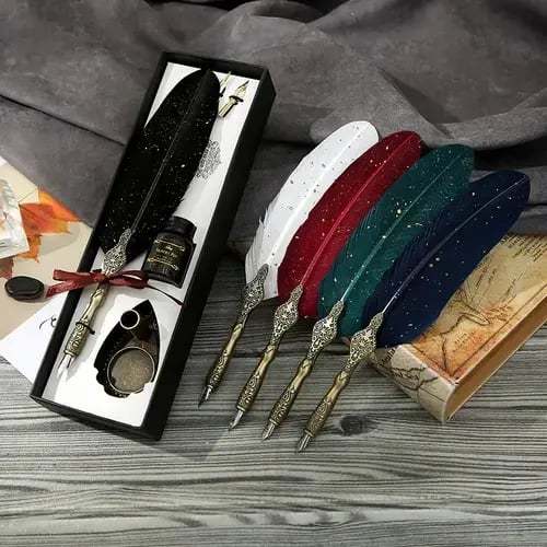 New year Sale✨ - Handcrafted Vintage Feather Pen and Ink Set(Include Stand & Replaceable Nibs)