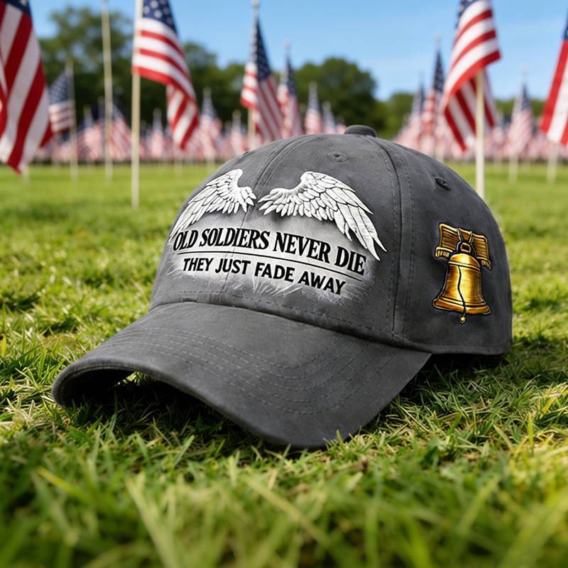 🌟 Old Soldiers Never Die Cap 🇺🇸 | Commemorative Veteran Hat with Angel Wings & Liberty Bell 🕊️🔔