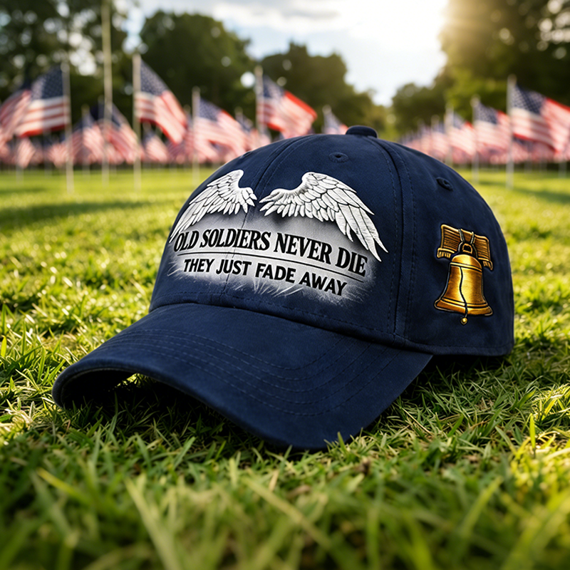 🌟 Old Soldiers Never Die Cap 🇺🇸 | Commemorative Veteran Hat with Angel Wings & Liberty Bell 🕊️🔔