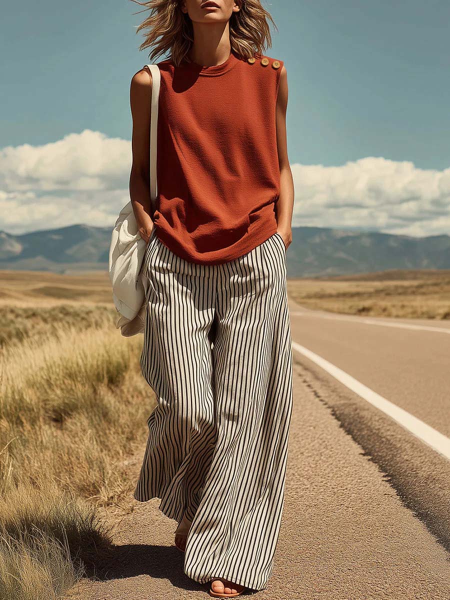 Women's Solid-color Round-neck Sleeveless Loose-fit Cotton Top & High-waisted Striped Wide-leg Cotton Pants Set