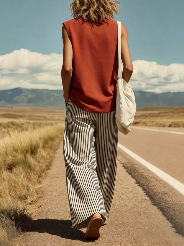 Women's Solid-color Round-neck Sleeveless Loose-fit Cotton Top & High-waisted Striped Wide-leg Cotton Pants Set
