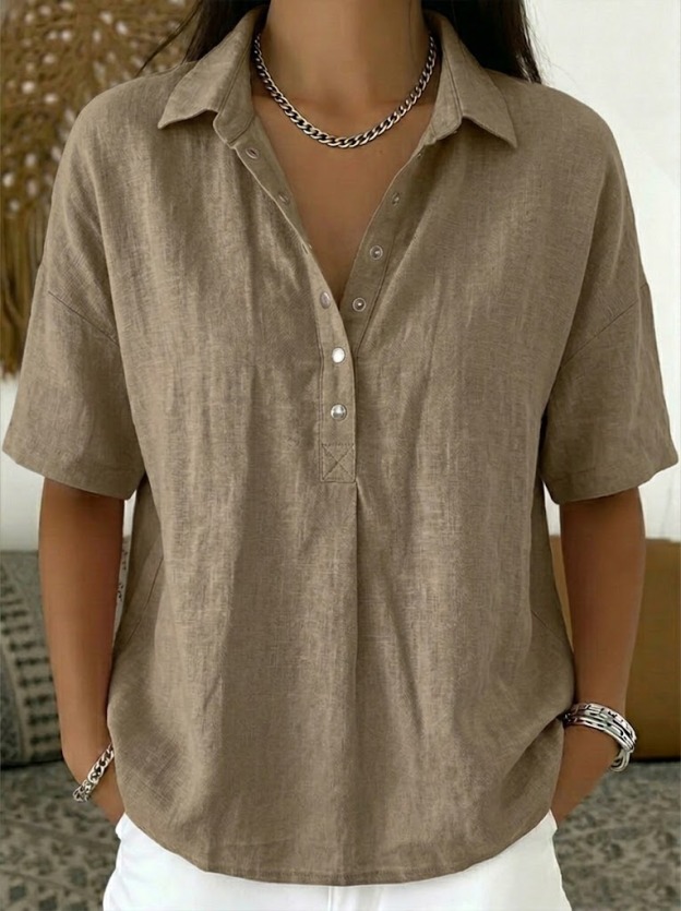 Casual Polo Collar Short-sleeved Linen And Cotton Shirt