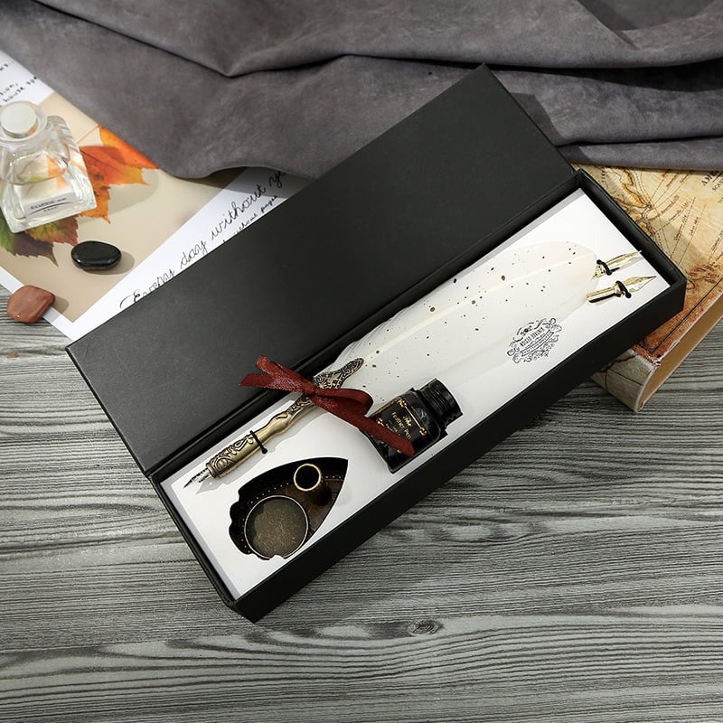 New year Sale✨ - Handcrafted Vintage Feather Pen and Ink Set(Include Stand & Replaceable Nibs)
