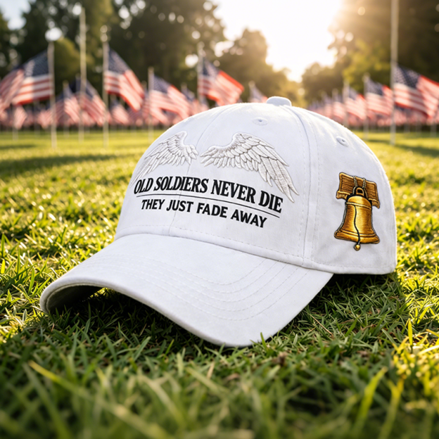 🌟 Old Soldiers Never Die Cap 🇺🇸 | Commemorative Veteran Hat with Angel Wings & Liberty Bell 🕊️🔔