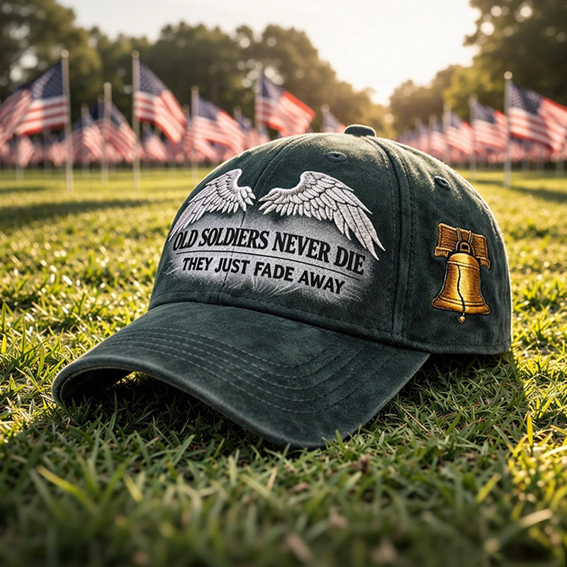 🌟 Old Soldiers Never Die Cap 🇺🇸 | Commemorative Veteran Hat with Angel Wings & Liberty Bell 🕊️🔔