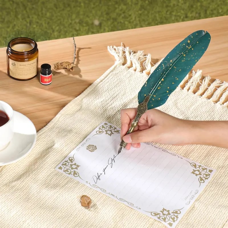 New year Sale✨ - Handcrafted Vintage Feather Pen and Ink Set(Include Stand & Replaceable Nibs)