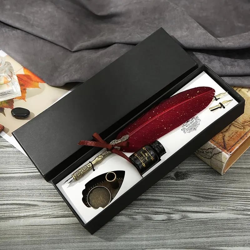 New year Sale✨ - Handcrafted Vintage Feather Pen and Ink Set(Include Stand & Replaceable Nibs)