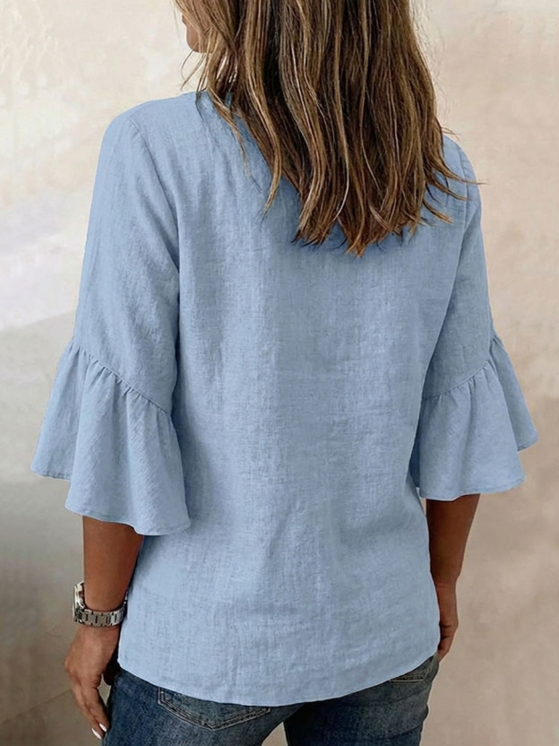 Women's Solid-color V-neck 3/4-sleeve Casual Loose Cotton-linen Top