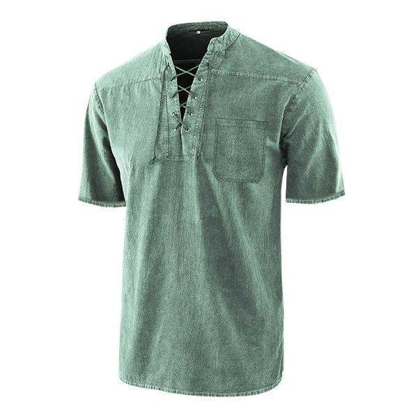 Men Gothic Retro T Shirt Lace-up V-neck Linen Pocket Short Sleeve Tee 