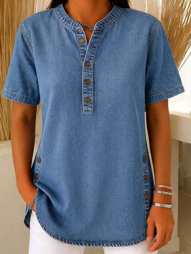 NEW🔥Women's V-neck short-sleeved Casual Button-up Loose Denim Top